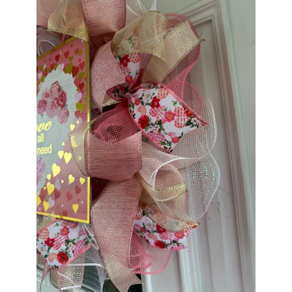 Love is All You Need Valentines Day Heart and Roses Spring Wreath Door Hanger - Picture 4 of 7